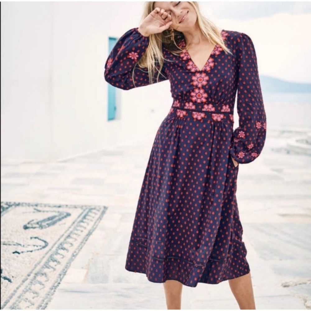 Boden Navy Midi Dress with Pink Floral Accents